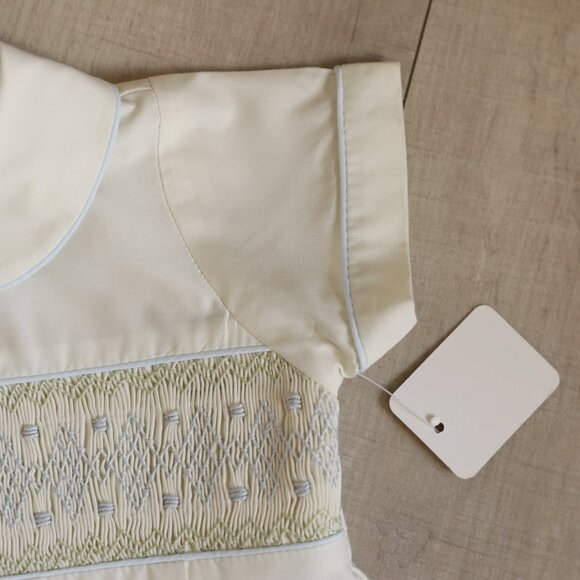 Yellow Smocked Romper Creeper Embroidery Blue Piping Boutique 9 Months New - Picture 5 of 5